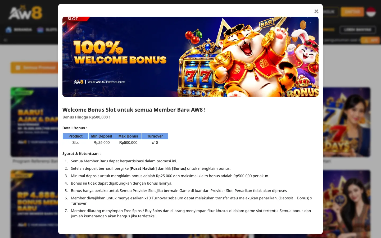 Syarat Welcome Bonus Slot 100% AW8 Indonesia