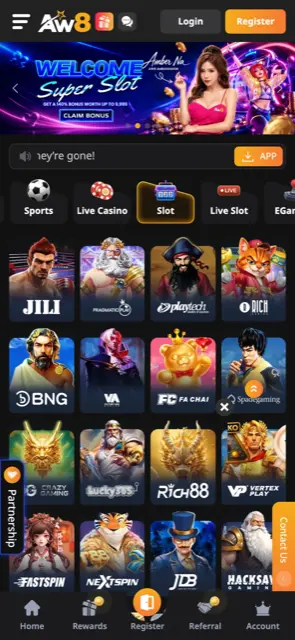AW8 Pro mobile slot lobby showing provider tiles