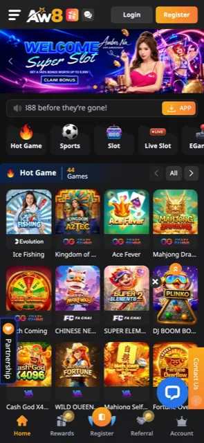 AW8 Pro Singapore mobile home screen with game categories and bottom menu