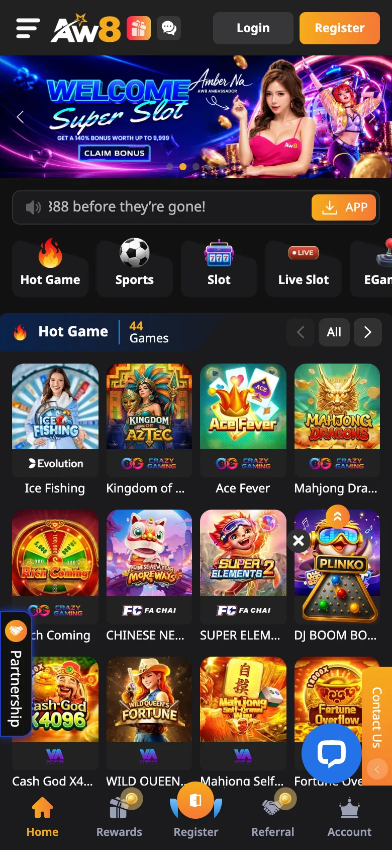 AW8 Pro Singapore mobile home screen with Login and Register buttons, an APP download button, game tabs and a bottom bar