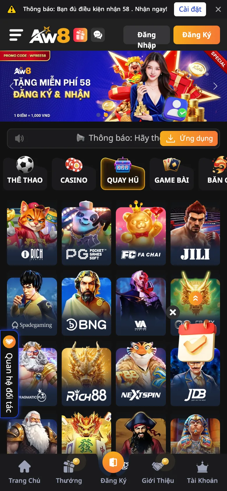 Sảnh nổ hũ AW8 Pro trên điện thoại