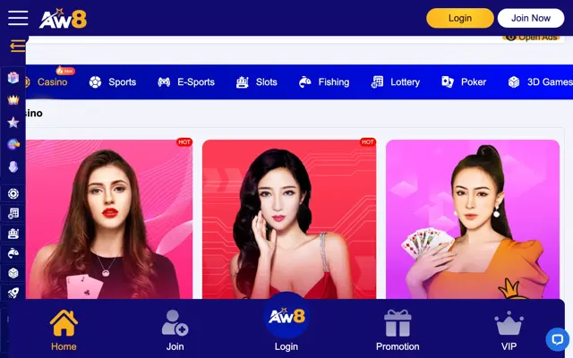 Original AW8 Malaysia site lobby with casino, sports, slots, fishing and lottery tabs