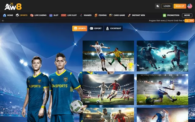 AW8 Pro sportsbook page with SBO, SABA, CMD and BTI sportsbooks