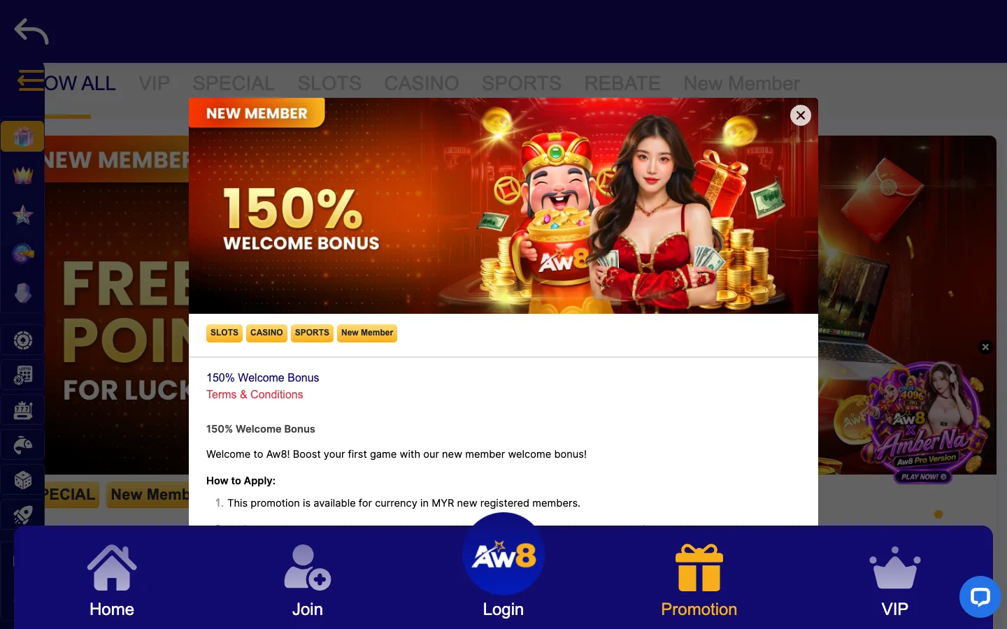 AW8 150% Welcome Bonus terms