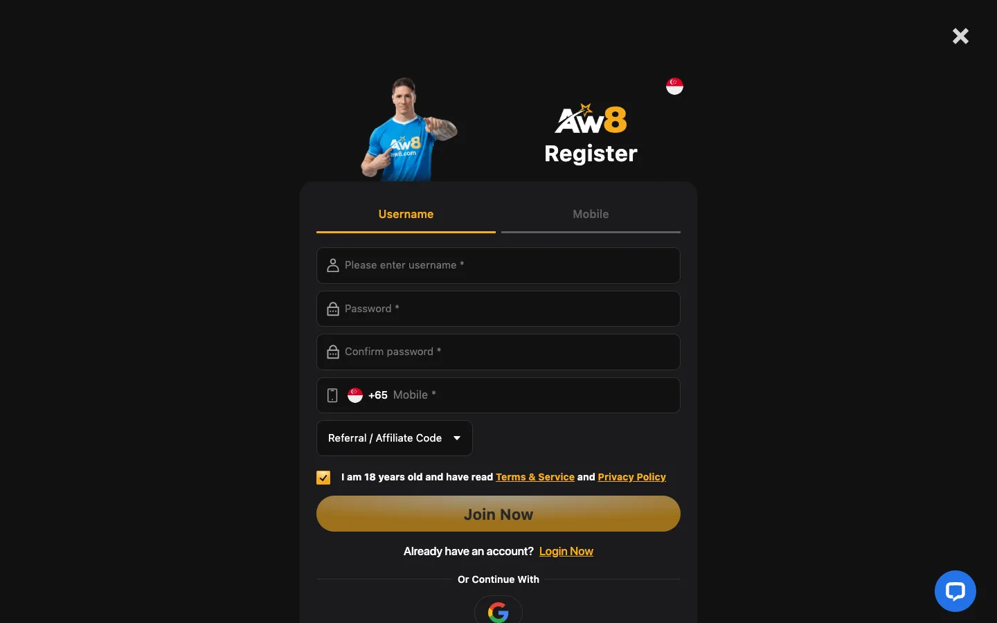 AW8 Pro Singapore registration form with Username and Mobile tabs, password, confirm password, +65 mobile and referral code fields