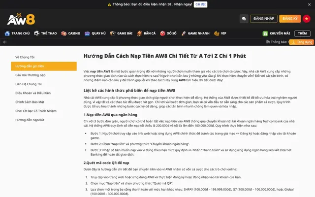 Trang hướng dẫn nạp tiền AW8 với chuyển khoản ngân hàng và quét mã QR