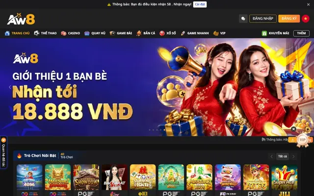 Trang chủ AW8 Pro Việt Nam với menu Thể thao, Casino, Quay hũ, Xổ số và banner giới thiệu bạn bè