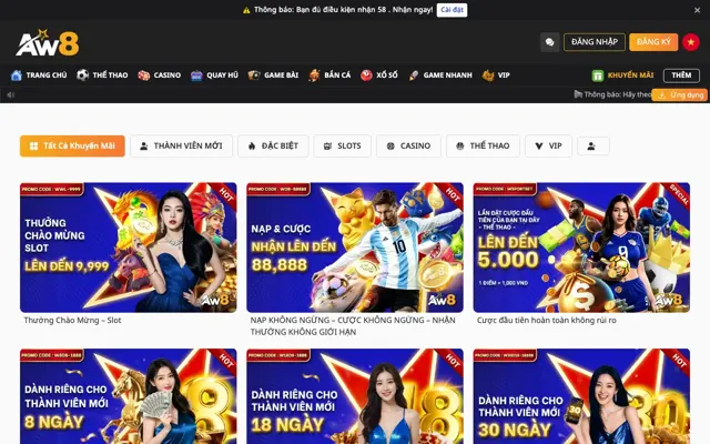 Trang khuyến mãi AW8 Pro với thưởng chào mừng slot, thưởng nạp cược và cược thể thao đầu tiên