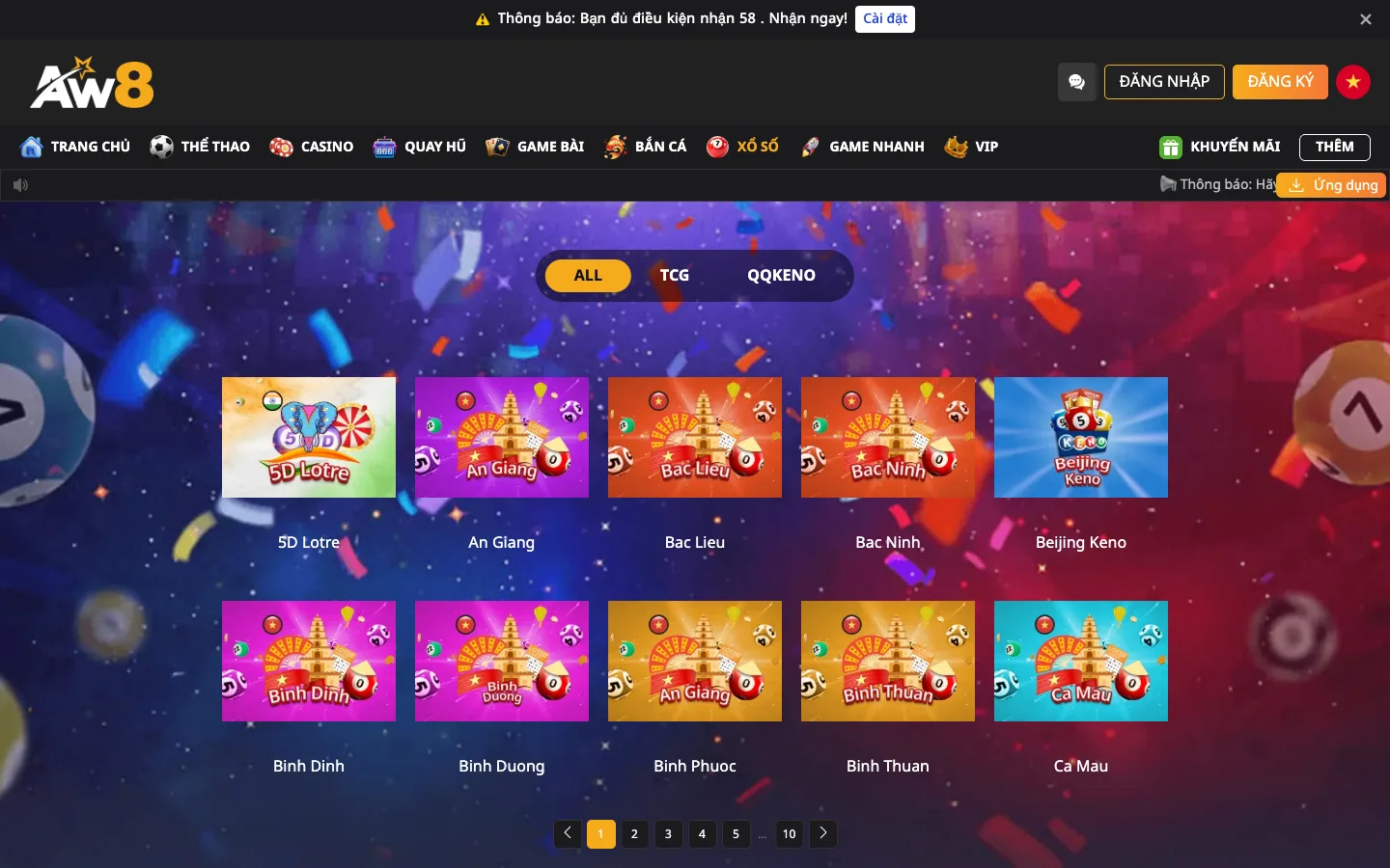 Tab xổ số AW8 Pro với TCG, QQKeno và các đài tỉnh