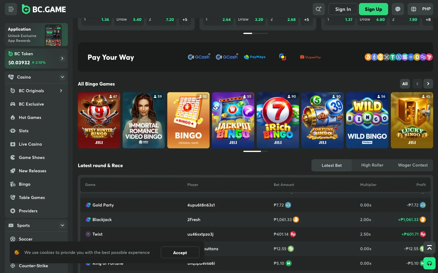 BC.Game Pay Your Way strip with GCash, PayMaya, QR Ph and ShopeePay