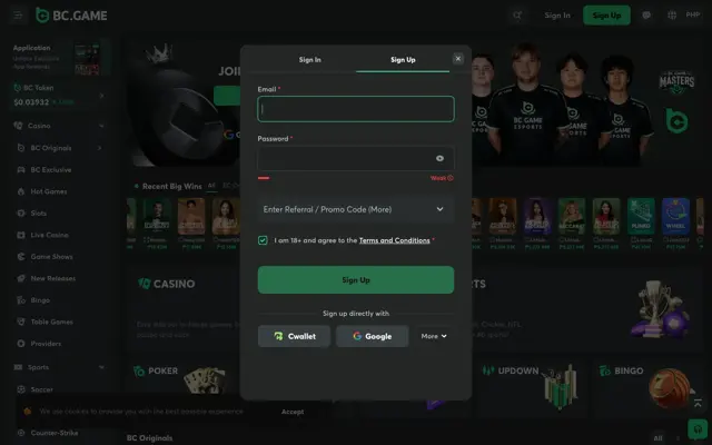 BC.Game sign-up form with email, password, promo code and social sign-up
