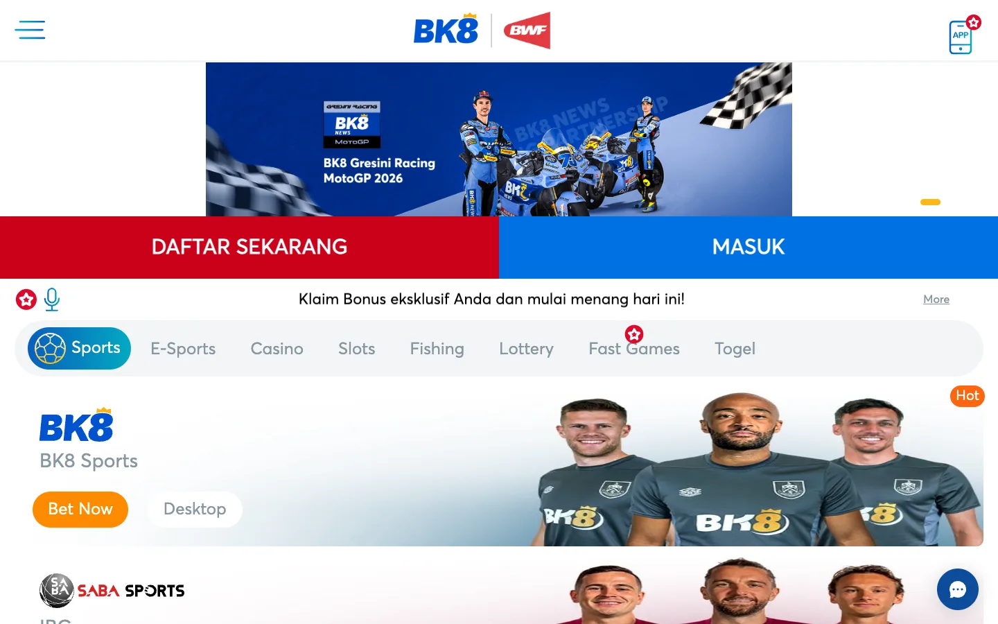 Beranda BK8 Indonesia dengan banner BK8 Gresini Racing MotoGP 2026, tombol Daftar Sekarang dan tab permainan