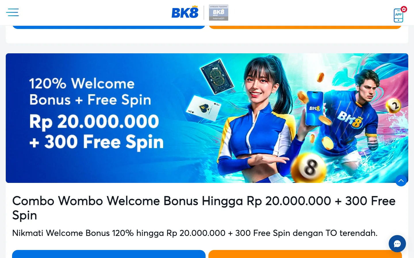 Kartu Combo Wombo Welcome Bonus di halaman promosi BK8 Indonesia