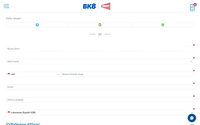 Formulir daftar BK8 dengan nomor +62 dan mata uang Indonesian Rupiah (IDR)