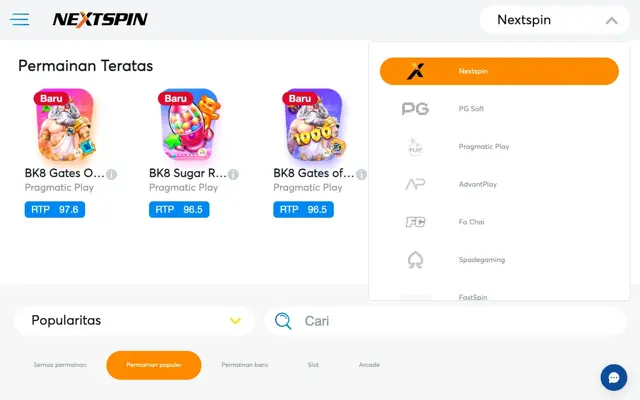 Lobi slot BK8 Indonesia dengan daftar provider Nextspin, PG Soft, Pragmatic Play, AdvantPlay, Fa Chai dan Spadegaming