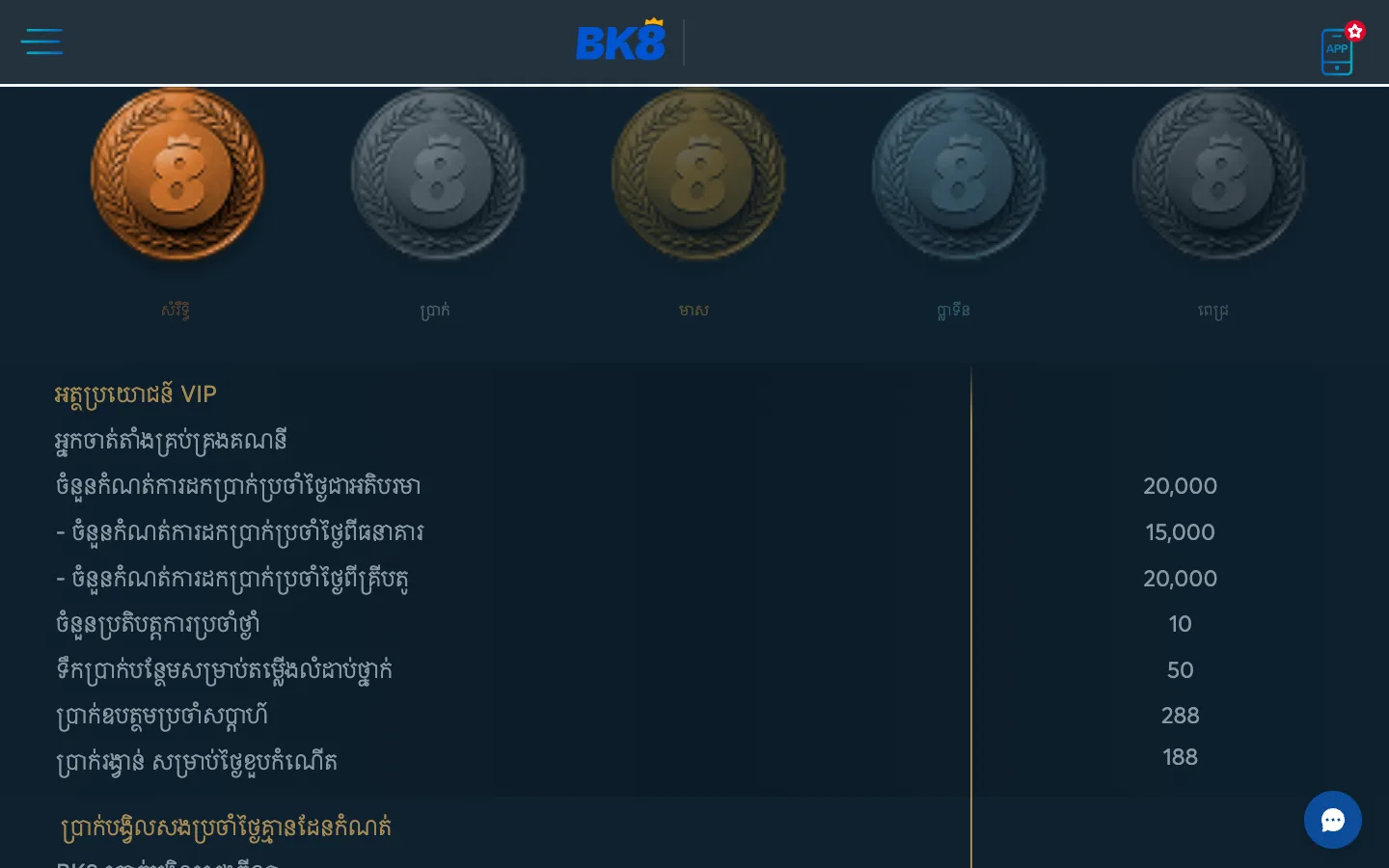 តារាងអត្ថប្រយោជន៍ VIP Bronze របស់ BK8 កម្ពុជា