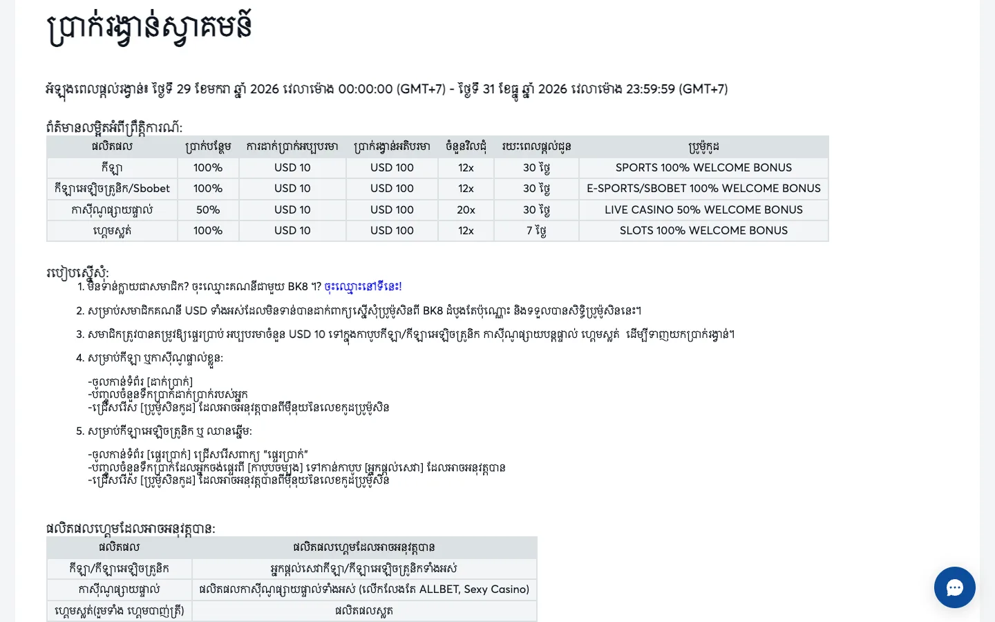 តារាងប្រាក់រង្វាន់ស្វាគមន៍ BK8 កម្ពុជា ជាភាសាខ្មែរ