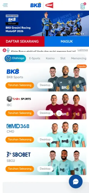 Beranda BK8 Indonesia di ponsel dengan tombol Daftar Sekarang dan Masuk serta empat sportsbook