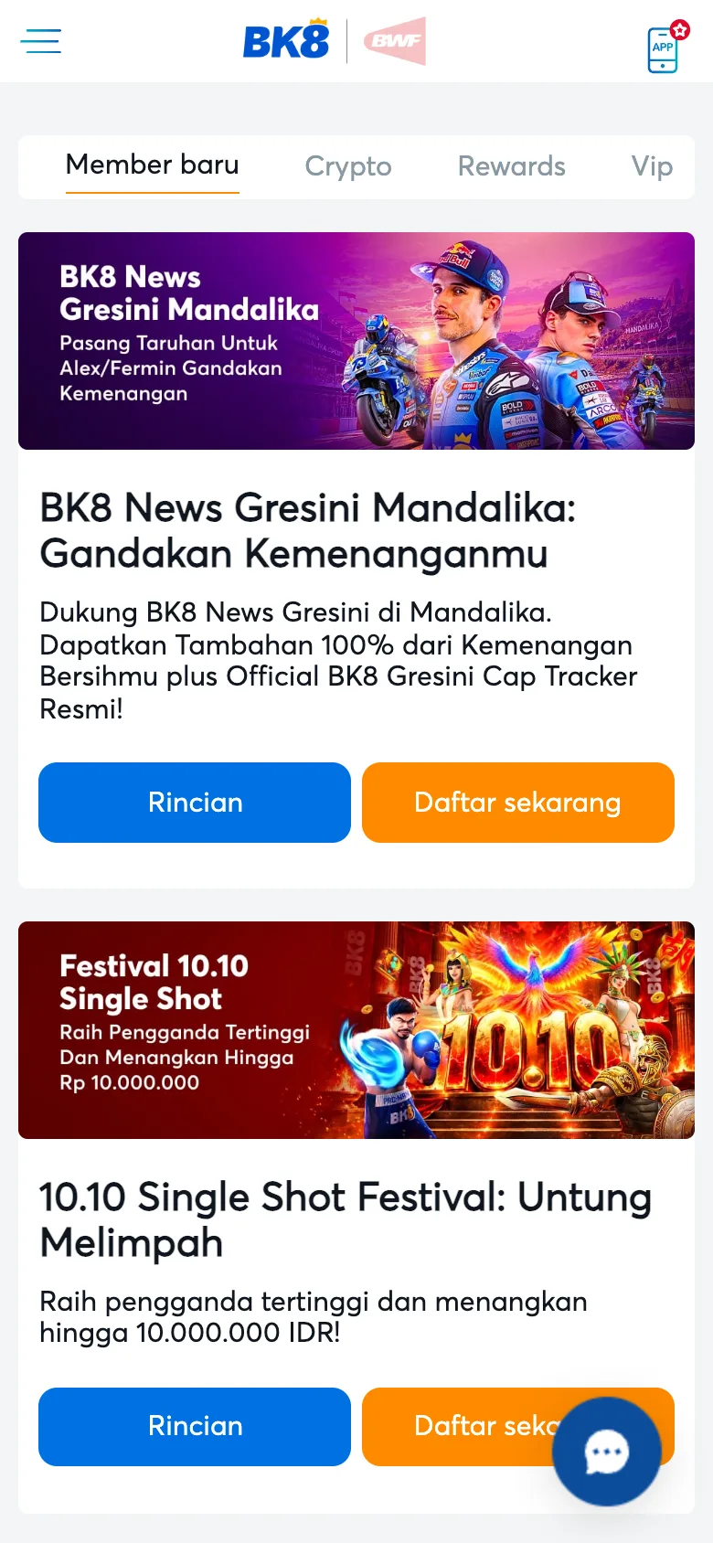 Halaman promosi BK8 Indonesia versi mobile
