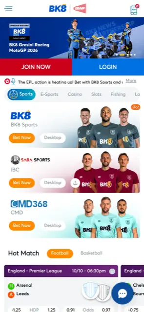 BK8 Malaysia mobile site with Join Now and Login buttons and sports tabs