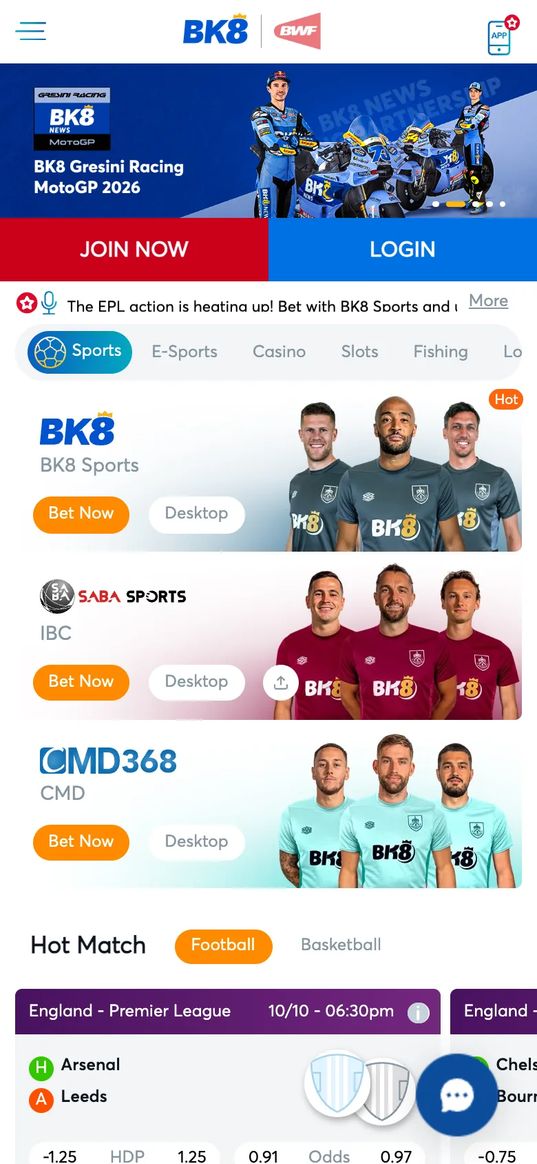 BK8 Malaysia mobile site with Join Now and Login buttons and sports tabs
