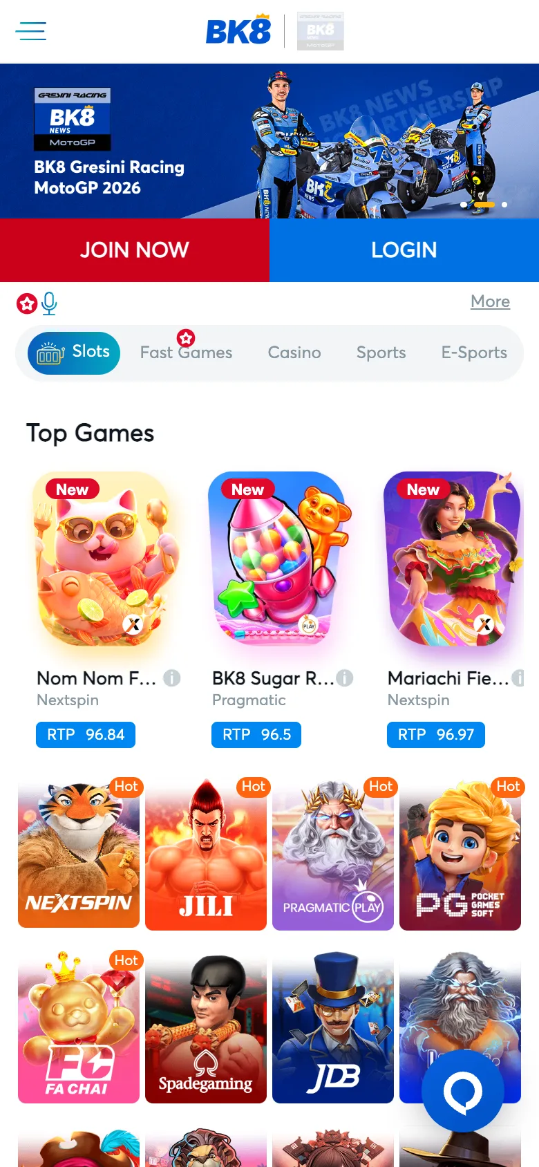 BK8 mobile site with Join Now and Login buttons and game tabs