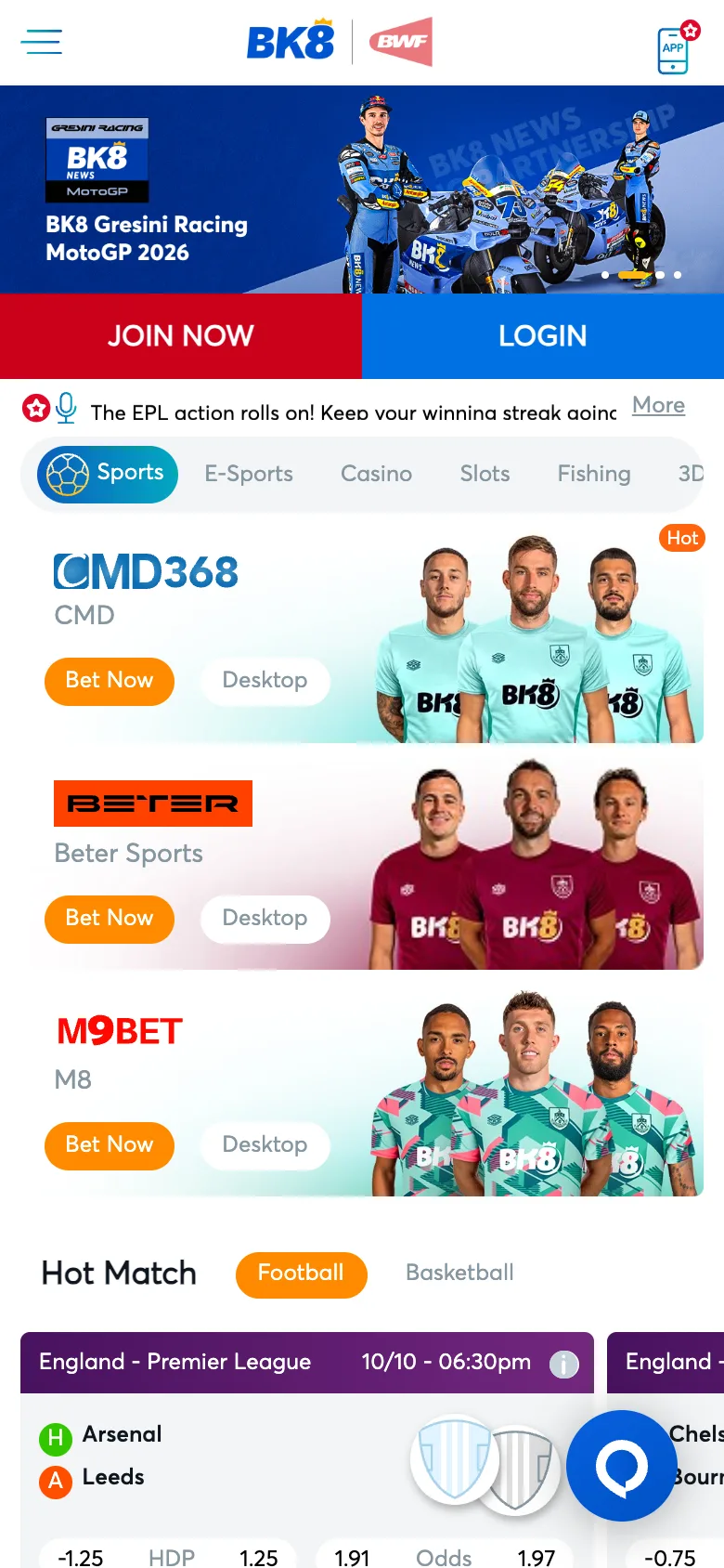 BK8 Singapore mobile site with Join Now and Login buttons and CMD368, Beter and M9Bet sportsbooks