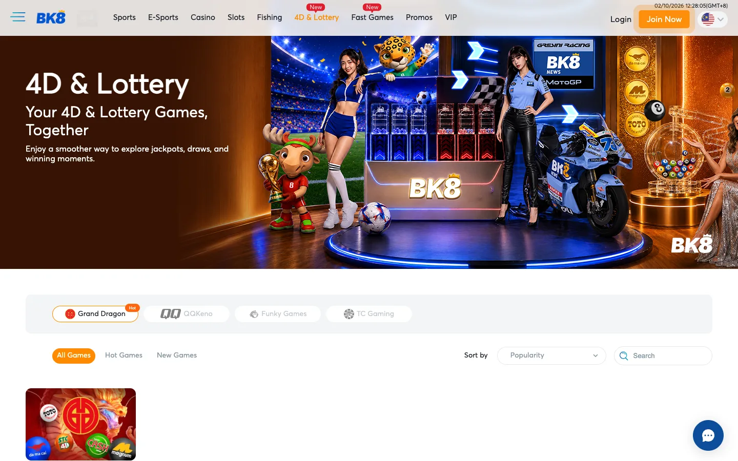 BK8 4D & Lottery page with Grand Dragon, QQKeno, Funky Games and TC Gaming