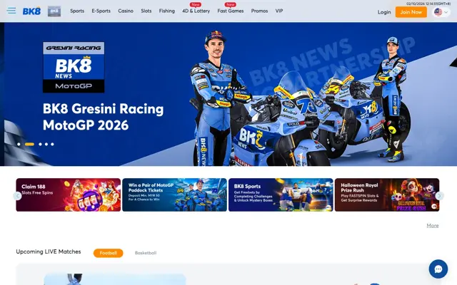 BK8 Malaysia homepage with the BK8 Gresini Racing MotoGP 2026 banner and promo tiles