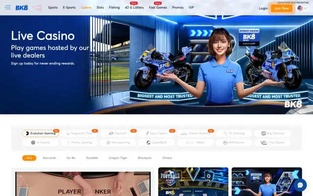 BK8 live casino lobby with Evolution, Pragmatic Play, Playtech, Sexy Casino and SA Gaming