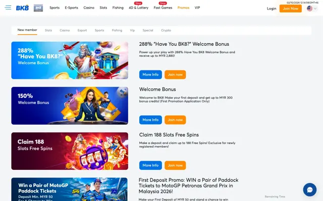 BK8 Malaysia promotions page with the 288% bonus, 150% bonus and 188 free spins
