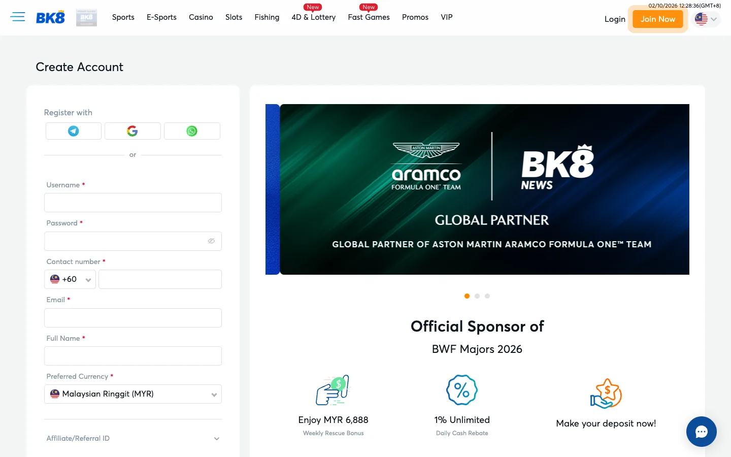BK8 sign-up form with a +60 phone number and Malaysian Ringgit currency