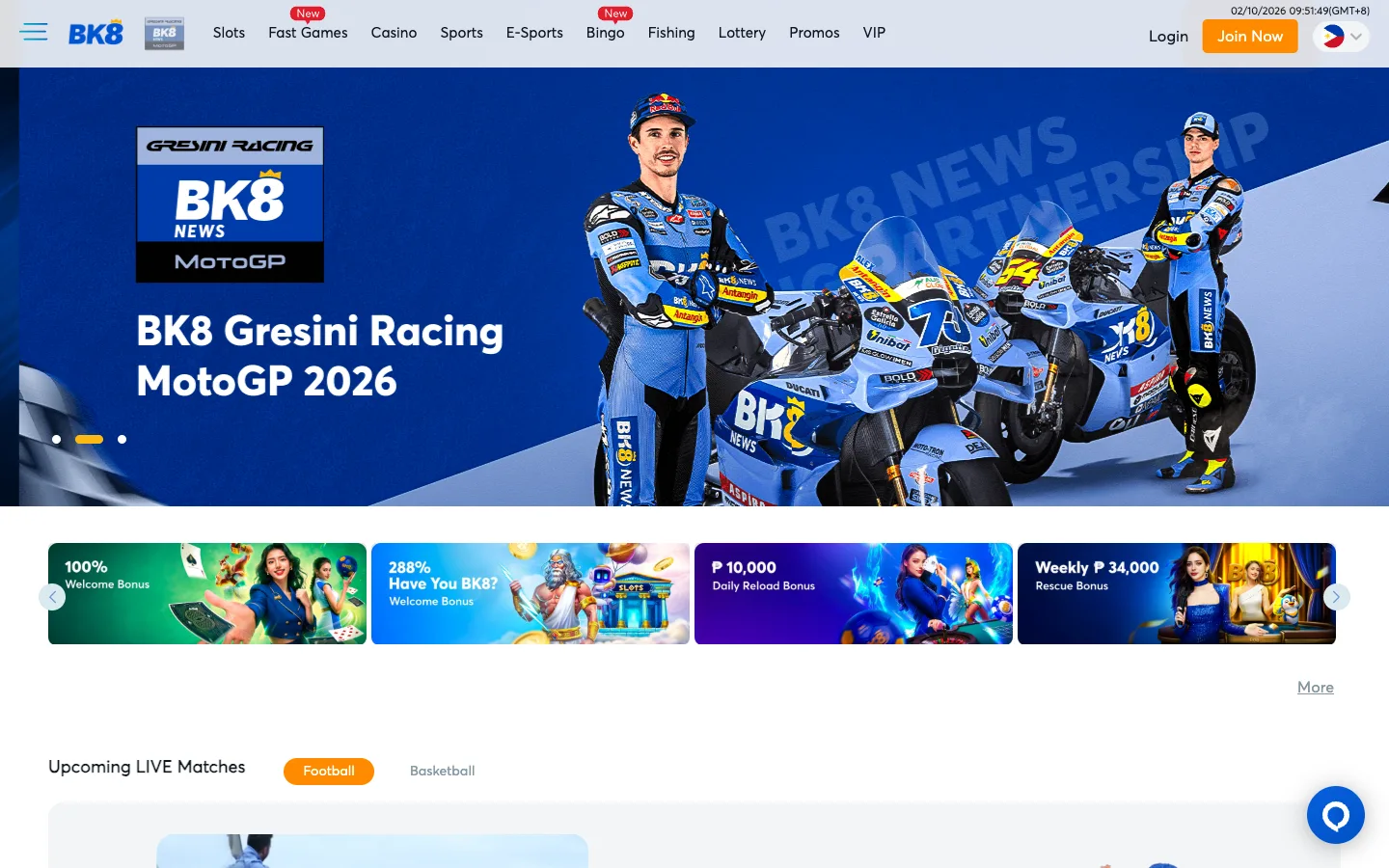 BK8 Philippines homepage with the Gresini Racing MotoGP banner and welcome bonus tiles