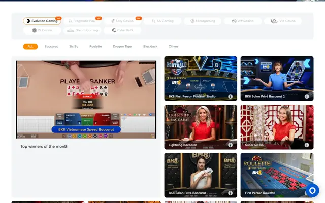 BK8 live casino lobby with Evolution, Pragmatic Play, Sexy Casino and SA Gaming