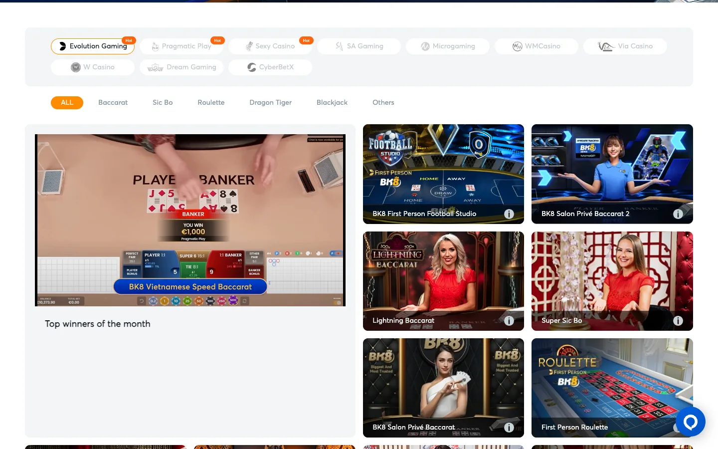 BK8 live casino lobby with Evolution, Pragmatic Play, Sexy Casino and SA Gaming