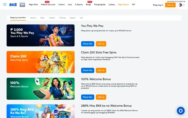 Tagalog na promo page ng BK8 na may You Play We Pay, 200 free spins, 100% at 288% na welcome bonus
