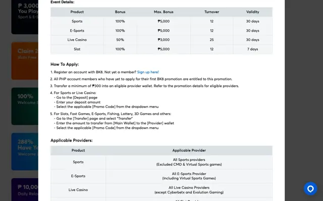BK8 100% Welcome Bonus terms table for sports, esports, live casino and slots