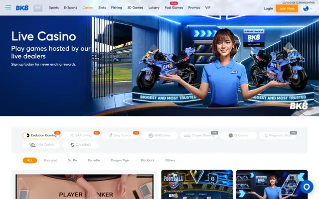 BK8 Singapore live casino lobby with Evolution, SA Gaming, Sexy Casino and WM Casino