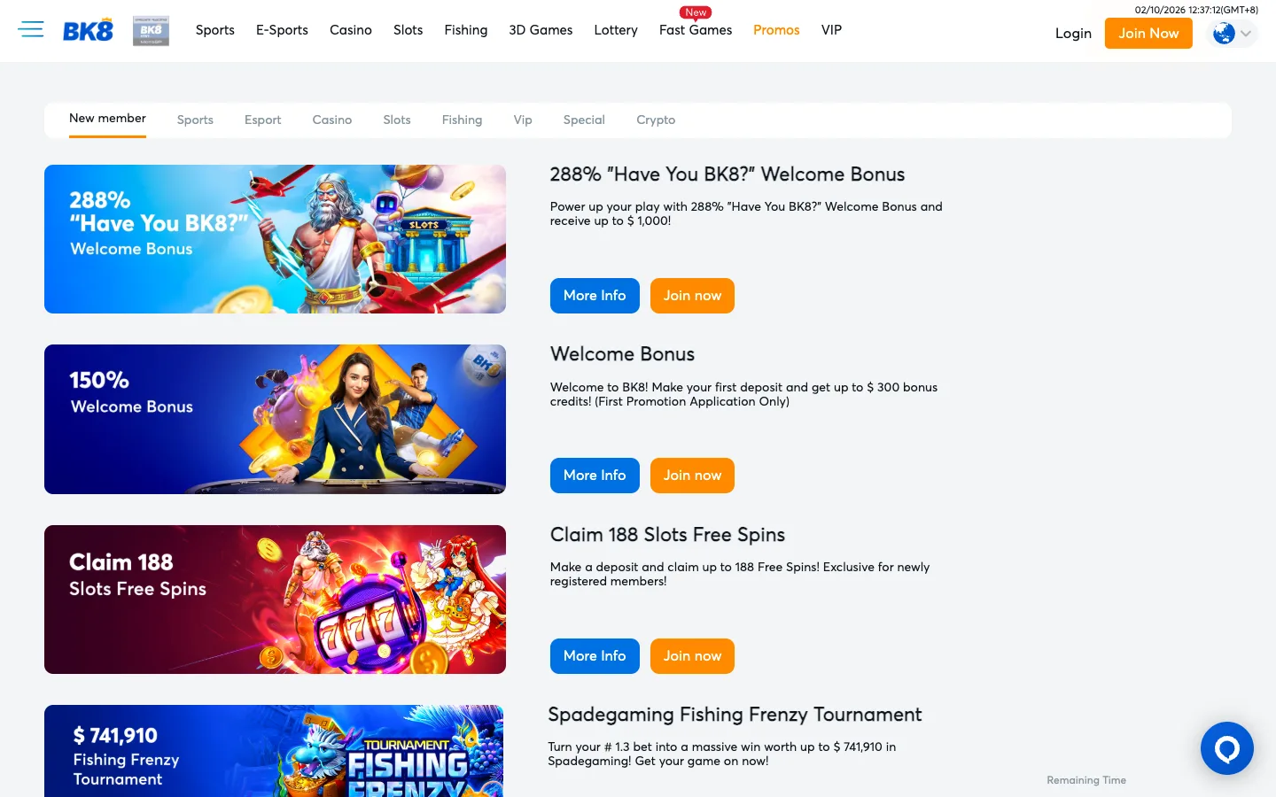 BK8 Singapore promotions page with the 288% bonus, the 150% Welcome Bonus and 188 free spins