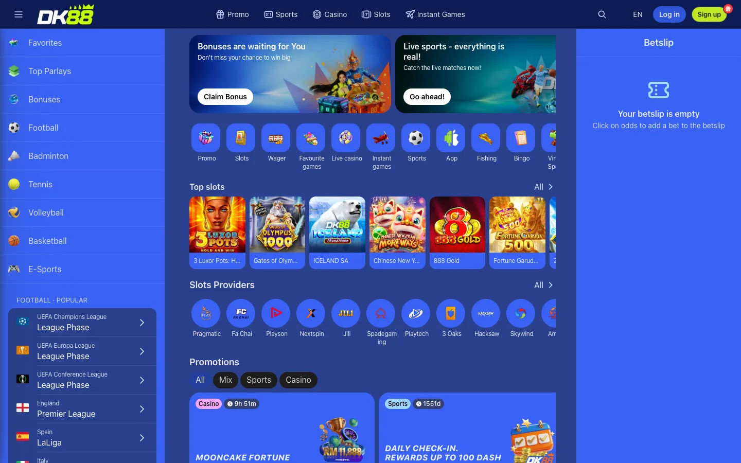 DK88 homepage on desktop showing bonus banners, top slots and slot providers