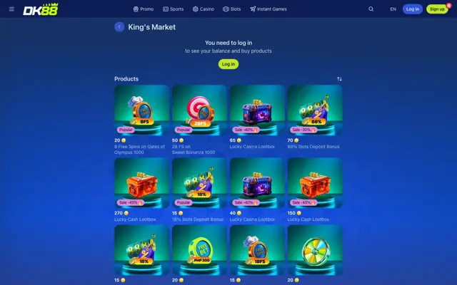 DK88 King's Market loyalty shop listing free spins and deposit bonuses for Dash Coins