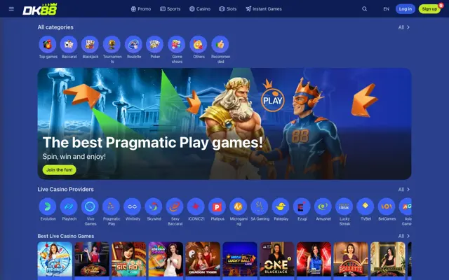 DK88 live casino page with 20 live dealer providers including Evolution and SA Gaming