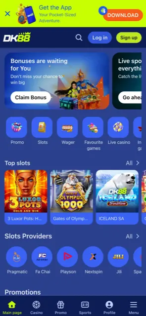 DK88 mobile site home screen with app download banner and bottom navigation