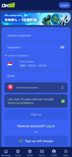 DK88 mobile sign-up page with the Welcome Pack 588% + 128FS banner