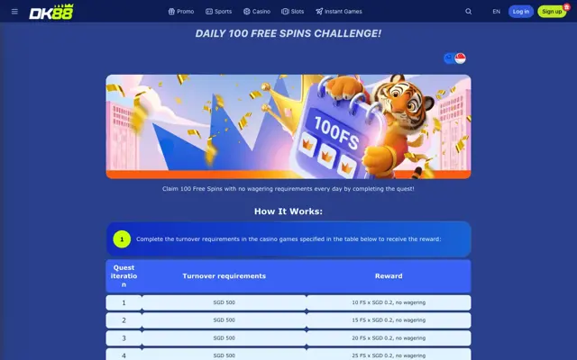 DK88 Daily 100 Free Spins Challenge table with SGD 500 turnover steps