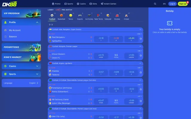 DK88 sportsbook showing live football markets