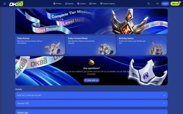 DK88 VIP programme page with daily reload, daily fortune wheel and birthday bonus