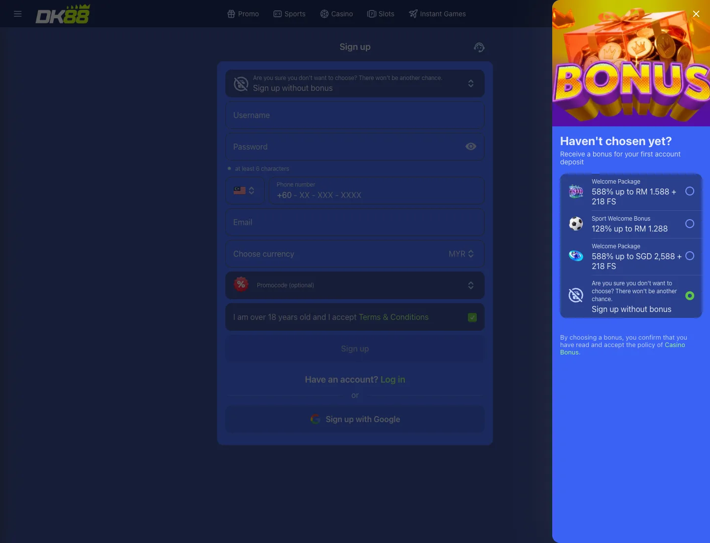 DK88 sign-up screen with the welcome bonus chooser open