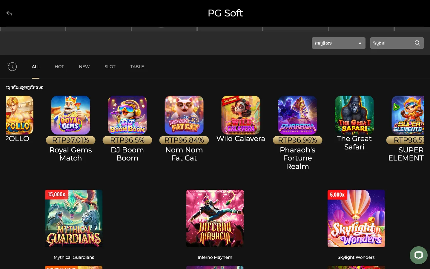 បន្ទប់ស្លុត PG Soft របស់ GOD55 កម្ពុជា ជាមួយស្លាក RTP