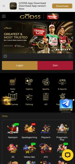 GOD55 mobile site home screen with app download banner and game categories